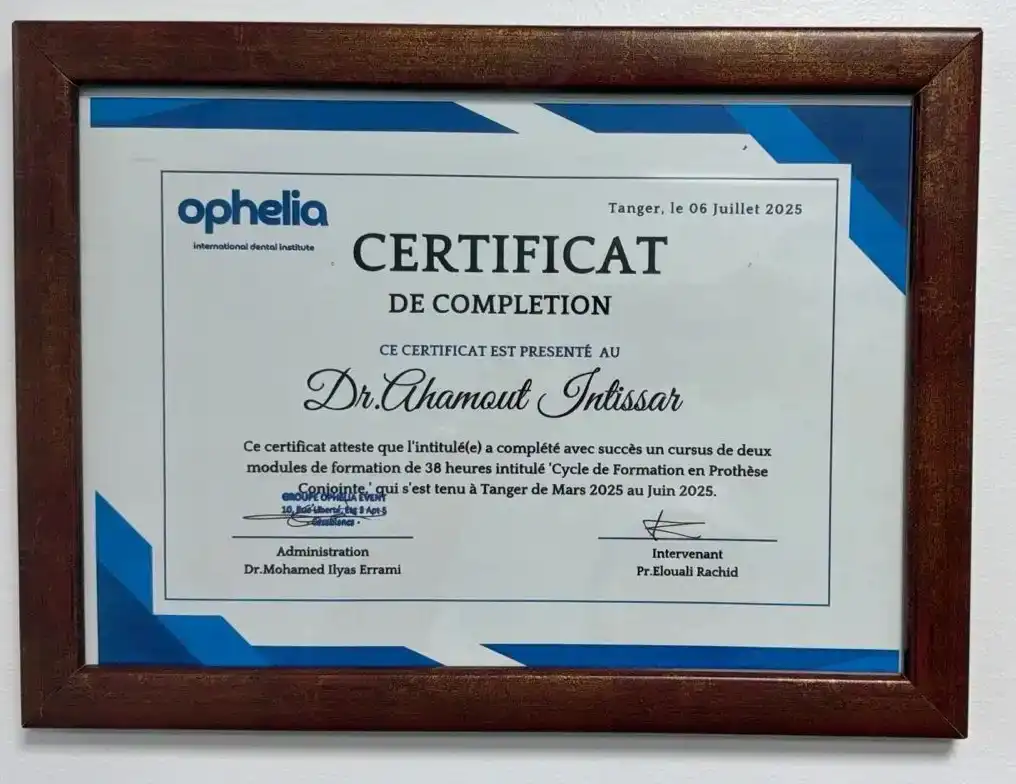 Certificat de complétion — Cycle de Formation en Prothèse Conjointe